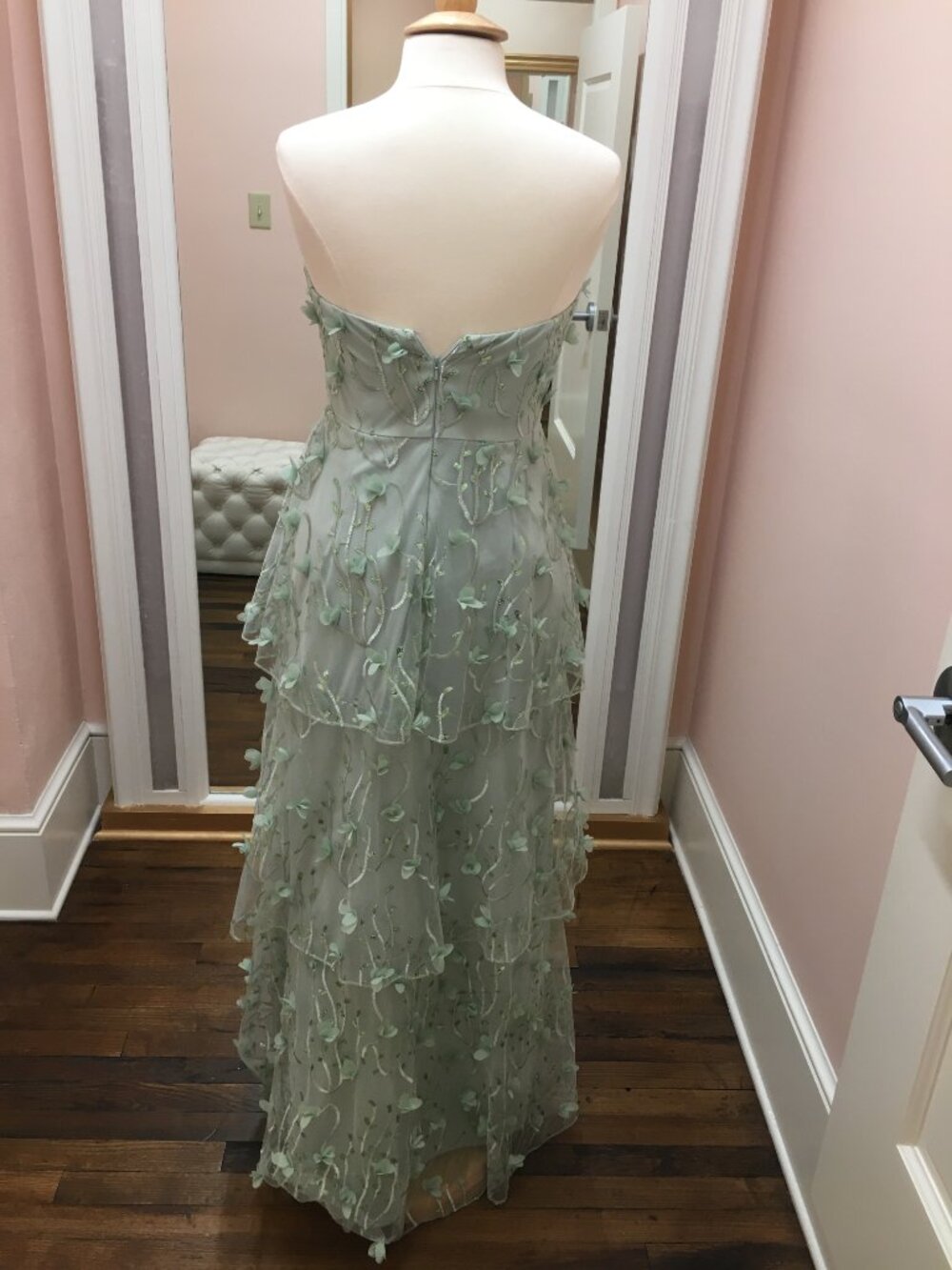 Dessy Green Strapless 3D Embroidered Floral Bridesmaid Formal Tiered Ruffle - Picture 7 of 9